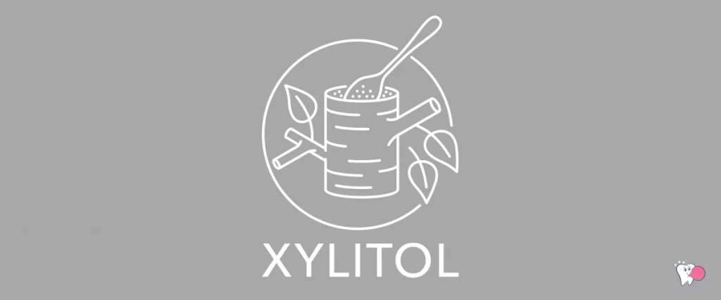 Obrázek xylitolového cukru (březového) s popisem Xylitol na šedém pozadí, pro článek: Xylitol, pro web zdravezvykacky.cz (Zdravé žvýkačky), zdroj: shutterstock.com