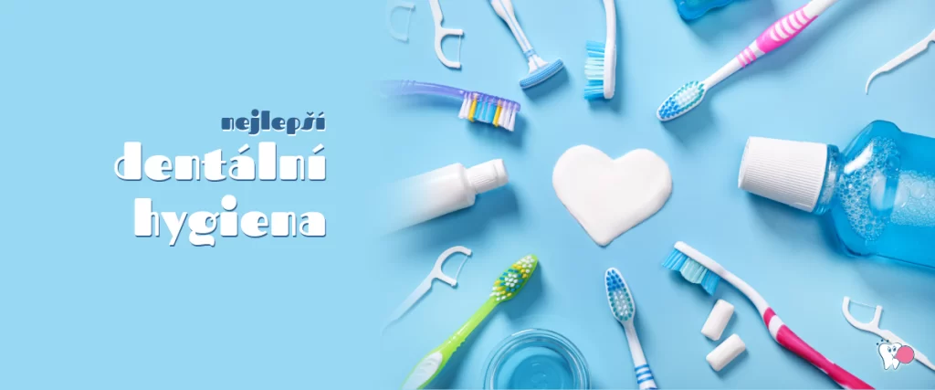 obrázek s mnoha prostředky dentální hygieny (ústní hygieny) v podobě pasty, zubního kartáčku, škrabky na jazyk, zdravých žvýkaček, ústní vody, mezizubních kartáčků rozmístěných okolo směřujících k bílému srdíčku uprostřed na modrém pozadí s textovým popisem po levé straně "nejlepší dentální hygiena", pro článek - dentální hygiena, pro web: zdravezvykacky.cz (Zdravé žvýkačky), zdroj: shutterstock.cz, upravil grafik: Jiří Samuel